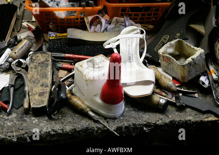 Handcraft tools at an old shoemaker's shop, Muehldorf, Upper Bavaria, Bavaria, Germany, Europe Stock Photo