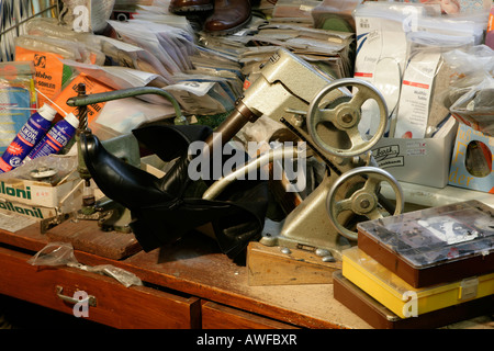 Handcraft tools at an old shoemaker's shop, Muehldorf, Upper Bavaria, Bavaria, Germany, Europe Stock Photo