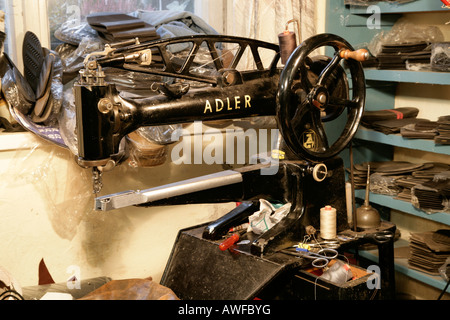 Sewing machine at an old shoemaker's shop, Muehldorf am Inn, Bavaria, Germany, Europe Stock Photo