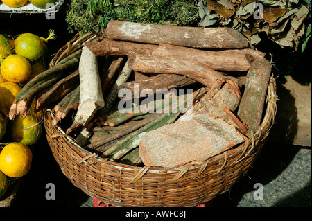 Basket filled with spices and medicinal herbs at a marketplace in Georgetown, Guyana, South America Stock Photo