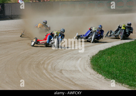 Motorcycle sidecars, international motorcycle race on a dirt track speedway in Muehldorf am Inn, Upper Bavaria, Bavaria, German Stock Photo