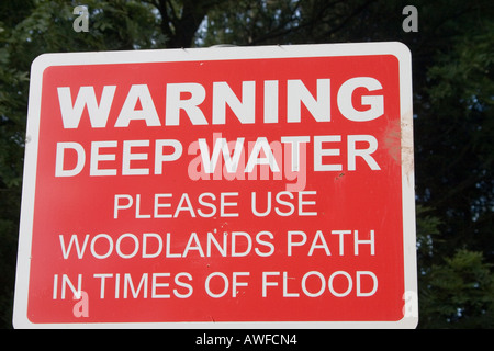 Flood warning sign on the footpath around Llanishen reservoir Cardiff UK Stock Photo