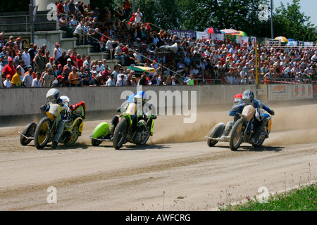 Motorcycle sidecars, international motorcycle race on a dirt track speedway in Muehldorf am Inn, Upper Bavaria, Bavaria, German Stock Photo