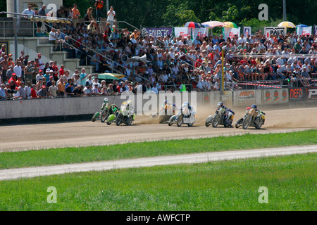 Motorcycle sidecars, international motorcycle race on a dirt track speedway in Muehldorf am Inn, Upper Bavaria, Bavaria, German Stock Photo