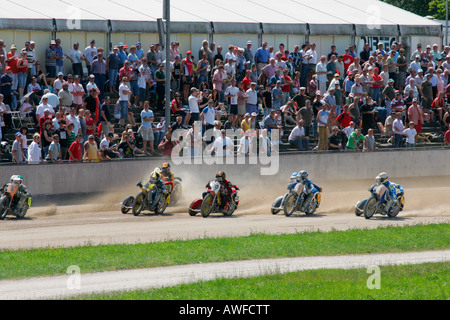 Motorcycle sidecars, international motorcycle race on a dirt track speedway in Muehldorf am Inn, Upper Bavaria, Bavaria, German Stock Photo