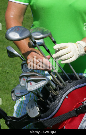Golf clubs in golf bag, Upper Bavaria, Bavaria, Germany, Europe Stock Photo