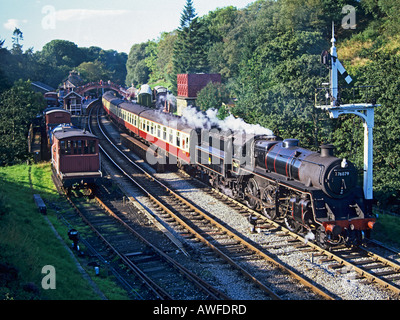 GOATHLAND NORTH YORKSHIRE UK September Steam engine No 76079 of the North Yorkshire Moors Railway leaving the station Stock Photo