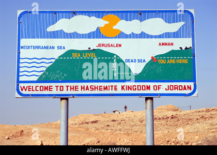 Sign at sea level between Amman and the Dead Sea, Jordan Stock Photo