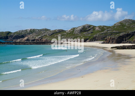 dh Northwest coast beach scene OLDSHOREMORE BAY SUTHERLAND SCOTLAND White sands Scottish summer landscape outdoors highlands sand stunning beaches Stock Photo