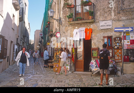 Tourists shops and narrow scobbled streets Erice Sicily Italy Stock Photo