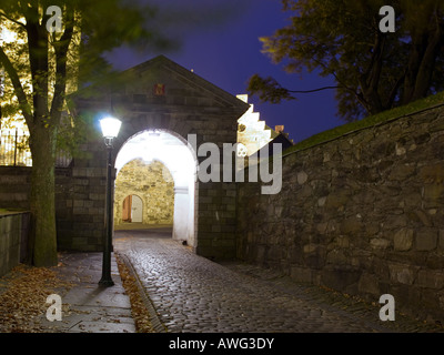 The entrance to Haakon's Hall (Haakonshallen) in Bergen, Norway, at night. Stock Photo