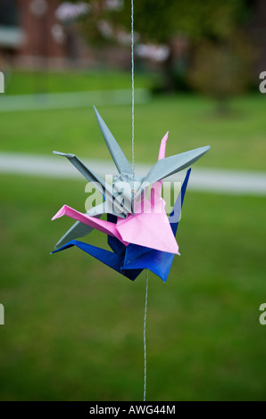 Blue pink and grey origami swans hanging from a string in front of a blurred backgound of green grass on the University of Puget Stock Photo