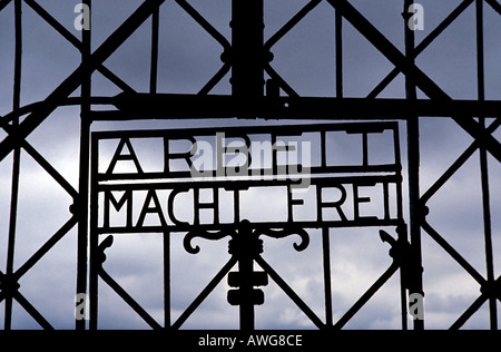 Europe Germany Bavaria Dachau Concentration Camp Nazi world war II two iron gate Stock Photo
