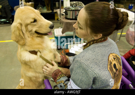 Golden Retriever dog and woman at the 2008 Detroit Kennel Club Dog Show in Detroit Michigan 2008. Stock Photo