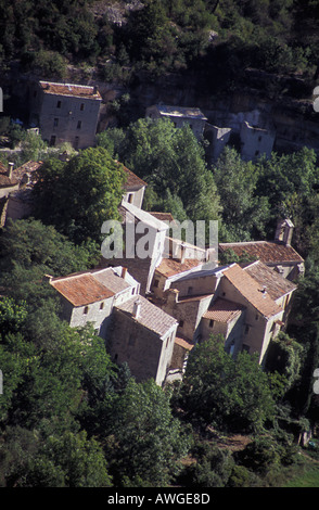 France aerial view of Cirque de Navacelles medieval village in Herault Stock Photo