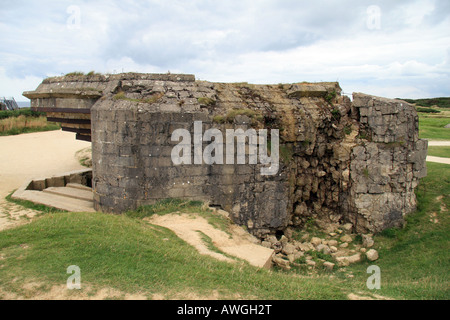 Extensive damage to a German Artillery position at Pointe du Hoc, Omaha Beach, Normandy. Stock Photo