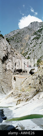 View of Devils bridge in the Swiss mountains St Gotthard route Stock Photo