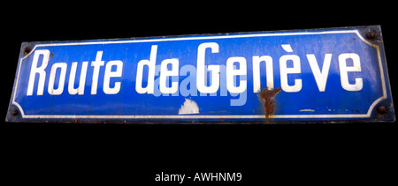 A Swiss street sign indicating the road to Geneva 'Route de Geneve' Stock Photo