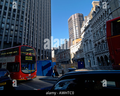 Heavy traffic and construction work in the heart of the city near Bank underground station London UK Stock Photo