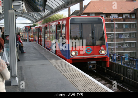 DLR train entering Shadwell station London Stock Photo