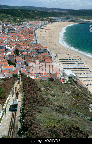 A bird's eye view of the wide beaches at the coastal resort town of Nazaré on Portugal's Atlantic seaboard. Stock Photo