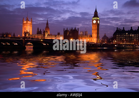Big Ben just after Sunset reflecting in the waters of the River Thames Stock Photo