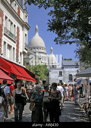 Paris Montmartre Place du Tertre and view of basilica of Sacre Coeur Stock Photo