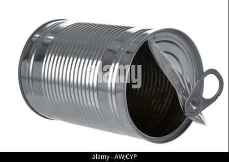 An empty tin can isolated on a white background Stock Photo