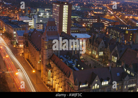 Aerial night-time view of University of Manchester UK campus looking south along Oxford Road Stock Photo