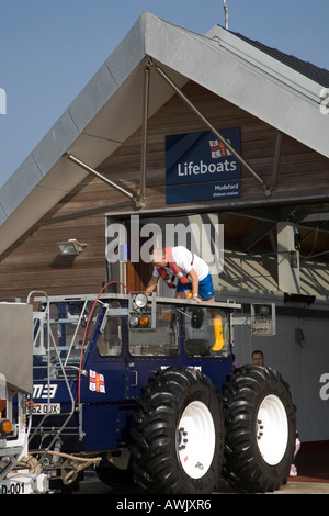 Washing down the Mudeford lifeboat after a job. Stock Photo