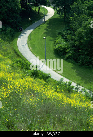 Road curving through grassy area Stock Photo