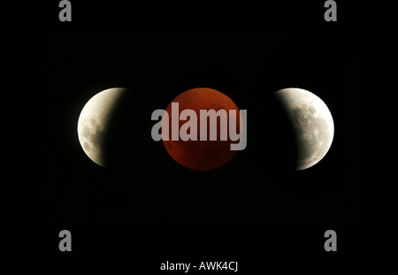 Time lapse composite of the total lunar eclipse August 2007. The size and shape of Earth's shadow can be seen. Stock Photo