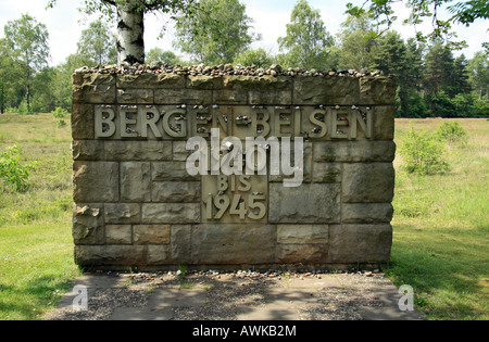 The entrance notice close to the main memorial area of the former Nazi concentration camp at Bergen Belsen, Germany. Stock Photo