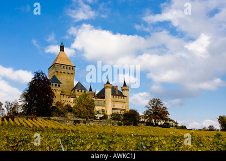 Vufflens castle surrounded by vineyards in autumn, Vaud, Switzerland Stock Photo