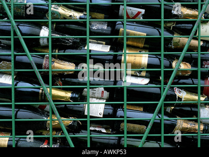 Rack of empty wine bottles, full frame Stock Photo