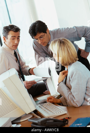 Two businessmen and a businesswoman examining documents Stock Photo