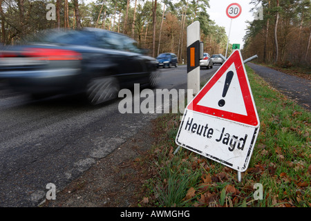 Speed limit 30 km/hr posted due to hunt taking place Stock Photo