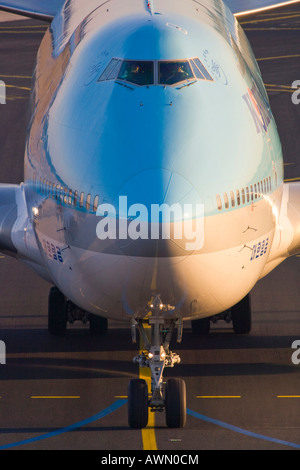 Korean Airlines airplane on the runway at Frankfurt International Airport, Frankfurt, Hesse, Germany, Europe Stock Photo