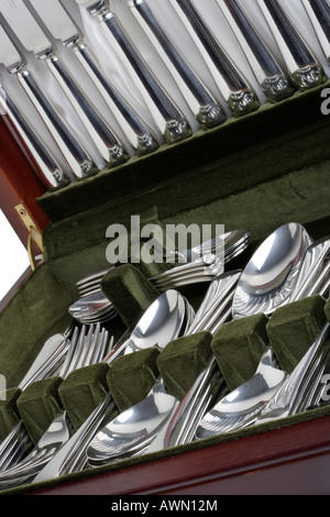 Silver cutlery in a canteen box Stock Photo