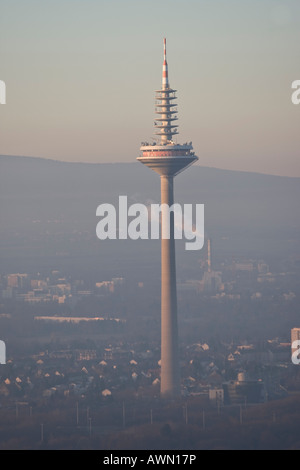 Frankfurt skyline, television tower at dusk, Frankfurt, Hesse, Germany, Europe Stock Photo