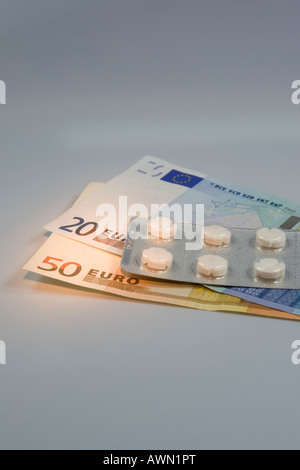 Prescription drugs are getting more expensive: pills in blister packs lying on top of Euro notes Stock Photo