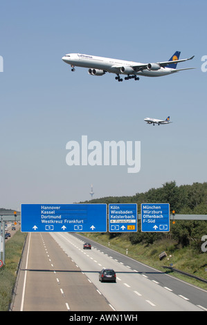 Two Lufthansa jets approaching Frankfurt International Airport for landing in Frankfurt, Hesse, Germany, Europe Stock Photo