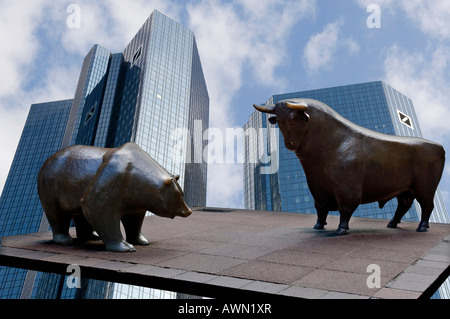 Twin towers of the Deutsche Bank with bull and bear sculptures for the Deutsche Boerse (composing shot), Frankfurt, Hesse, Germ Stock Photo