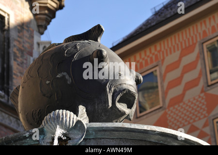 Fish sculpture on the fountain at Marienplatz square, Munich, Bavaria, Germany, Europe Stock Photo