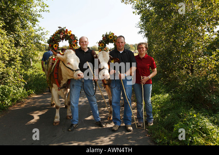 Viehabtrieb festival [ceremonial driving down of cattle from the mountain pastures into the valley in autumn] in Simmershausen, Stock Photo