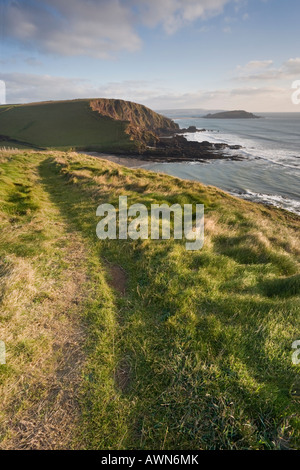 Gentle afternoon light on the South West Coast Path looking towards Burgh Island in Devon Stock Photo