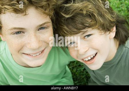 Two boys, portrait, high angle view Stock Photo