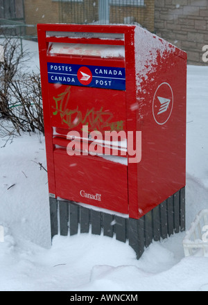 Canada Post letter box in a snow storm on March 8, 2008 in Montreal, Quebec, Canada. Stock Photo