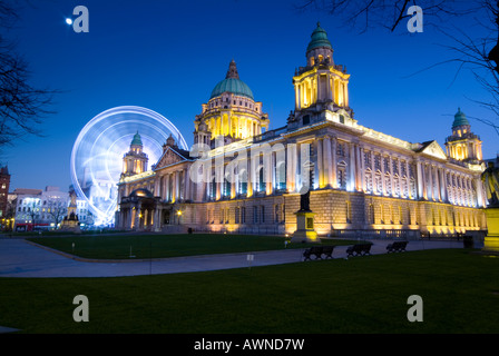Belfast city hall and big wheel at night Belfast county Antrim Northern Ireland Stock Photo