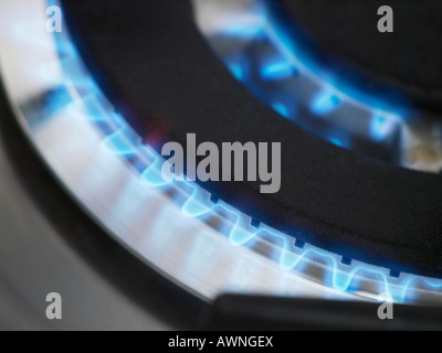 closeup of blue gas flame of stainless smeg cooker stove Stock Photo